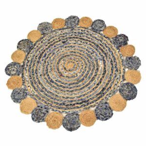 Tappeto Rettangolare 90 Cm in Cotone e Juta Beige e Blu con decori circolari Linea Denim Mercury 02591