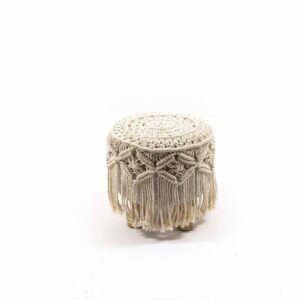 Sgabello 28 Cm con struttura in Legno e decori esterni in Macrame' e frangie intrecciate Bianco Linea Boho Chic Mercury 12422