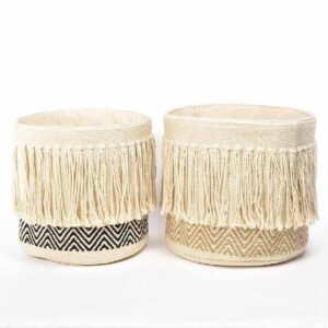Cesta Portaoggetti 30 x h32 Cm in Cotone Bianco con frangie Decoro Rombo CASUALE (Bianco o Nero) Linea Trendy Mercury 11470