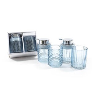 Set 2 Pezzi Bagno Dispenser Dosa sapone 240 Cc e Porta spazzolino in Vetro Azzurro Mercury 12213