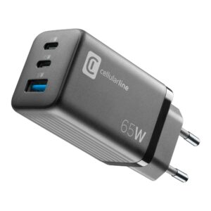 Caricabatterie Rete Gan 3 Porte 65W Nero CellularLine ACHUSBGAN3PD65WK