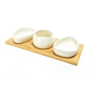 Set Aperitivo in Ceramica Bianca con Base e Cucchiaino in Bambù Mercury