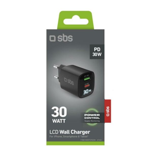 Caricabatterie 30W 1 USB C e 1 USB A Nero SBS TETRGANLCD1USB1C30K