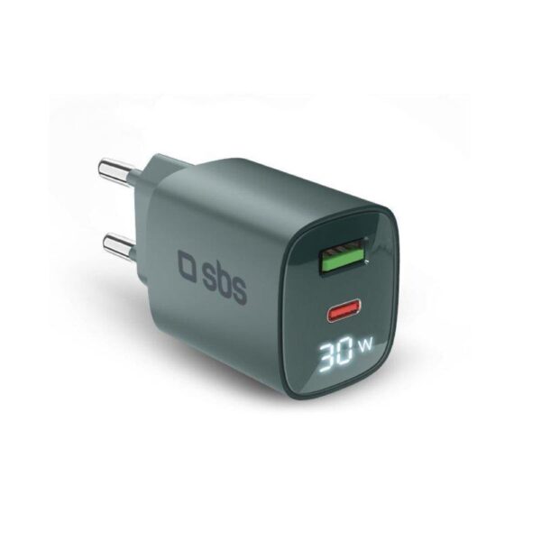 Caricabatterie LCD GAN 30W 1 Usb C 1 Usb A Azzurro SBS TETRGANLCD1USB1C30A