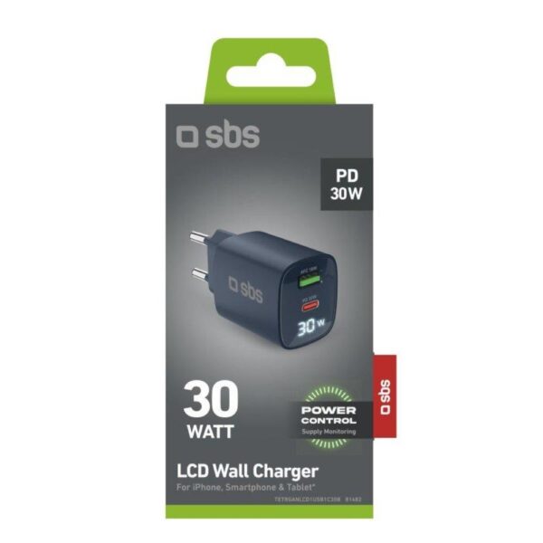 Caricabatterie LCD Gan 30W 1Usb C 1Usb A Blu SBS TETRGANLCD1USB1C30B