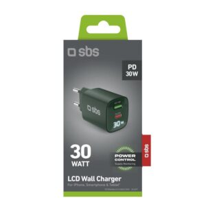 Caricabatterie Lcd Gan 30W 1Usb-C + 1Usb-A Verde SBS TETRGANLCD1USB1C30G