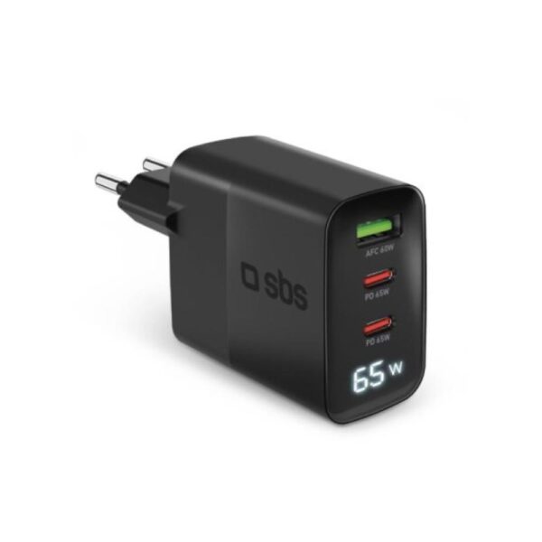 Caricabatterie Rete Lcd Gan 65W 2Usb C 1Usb A Nero SBS TETRGANLCD1USB2C65K 1
