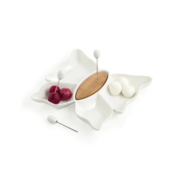 Antipastiera Butterfly in Porcellana e Bamboo con 3 Forchette Inox Brandani 1