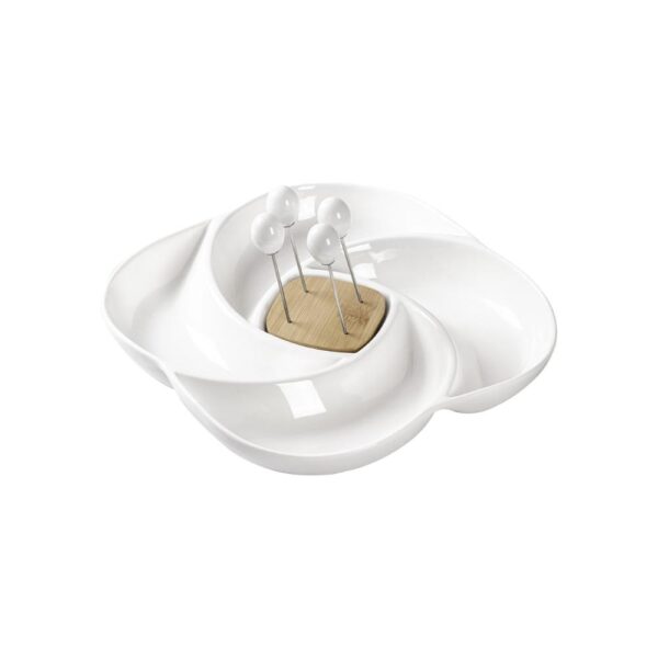 Antipastiera Girella in Porcellana e Bamboo con 4 Forchette in Inox Brandani 1