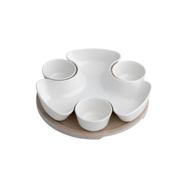Antipastiera Puzzle Porcellana Bianca con Supporto in Bamboo Naturale Brandani 1