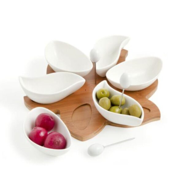 Antipastiera Spicchi di Sole in Porcellana e Supporto in Bamboo con 3 Forchette Inox Brandani 1