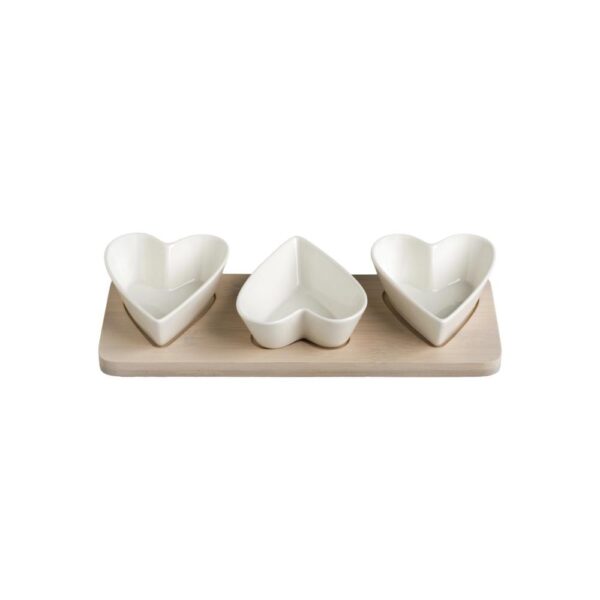 Portassaggi Tris di Cuori in Porcellana Bianca con Supporto in Bamboo Naturale Brandani 1