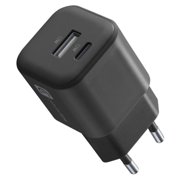 Caricabatterie da rete 1 USB A e 1 USB C 12W universale colore nero CellularLine ACH2USB12WSMLK