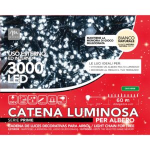 Filo 3000 luci LED Prime bianco filo verde con spina esterno 8 giochi + memoria L.63 m 12W 31V - Mercury 93151MEY