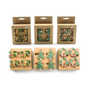 Set 4 portatovaglioli natalizi in metallo con perline 5X5Xh.5 cm design assortiti   - Mercury 55453MEY