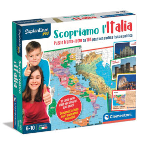 Clementoni Sapientino Più Scopriamo l'Italia 16594 Puzzle 104 Pezzi Fronte-Retro e Gioco di Carte Educativo Geografia 6-10 Anni
