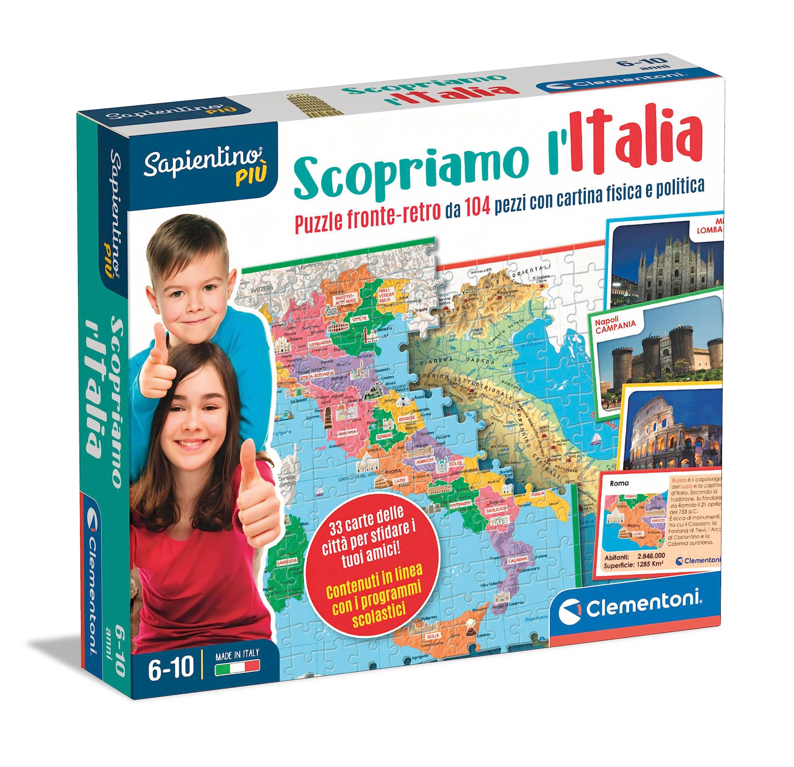 Clementoni Sapientino Più Scopriamo l'Italia 16594 Puzzle 104 Pezzi Fronte-Retro e Gioco di Carte Educativo Geografia 6-10 Anni 1 0 165