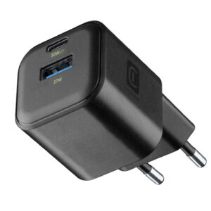 Cellularline Caricabatterie da Rete GaN 30W 2 Porte USB-C USB-A Compatto Nero ACHGANENTRY2PD30WK