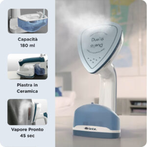 Ariete 6246 Ferro a Vapore 2 in 1 Verticale e da Stiro Piastra Ceramica Antiaderente 1000W 180ml Bianco/Blu 7 5 12