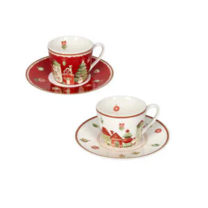Tazze e Articoli da Colazione BRANDANI 80367 Set 2 Tazzine da Caffè Natalizie Villaggio in Festa con Piattino in Porcellana New Bone China 12cm