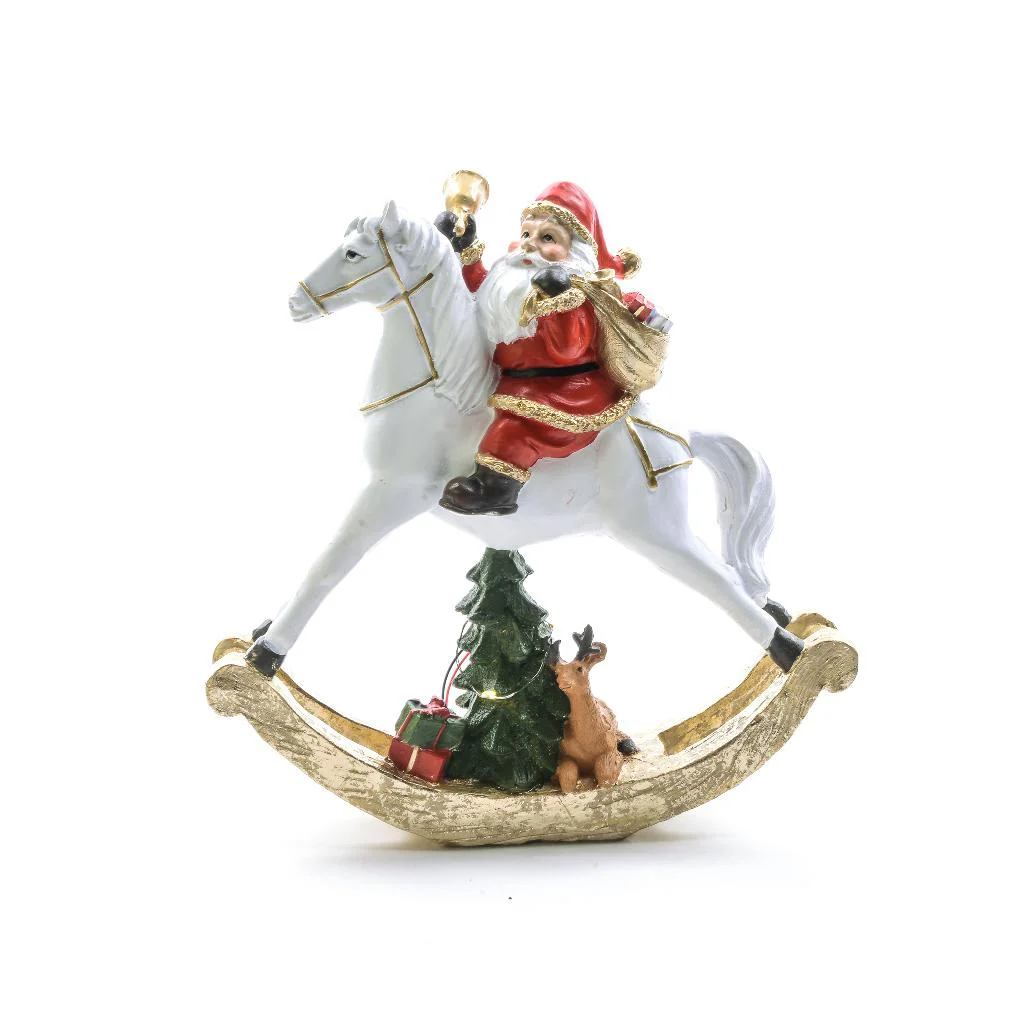Babbo Natale,cavallo a dondolo,poliresina,luci,decorazione luminosa,24,5 cm,Natale,soprammobile