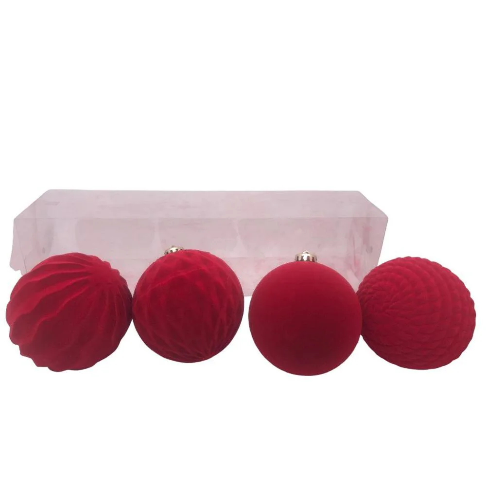 palline Natale,set 4 pezzi,rosse,vellutate,12 cm,plastica,decorazione albero,addobbi natalizi