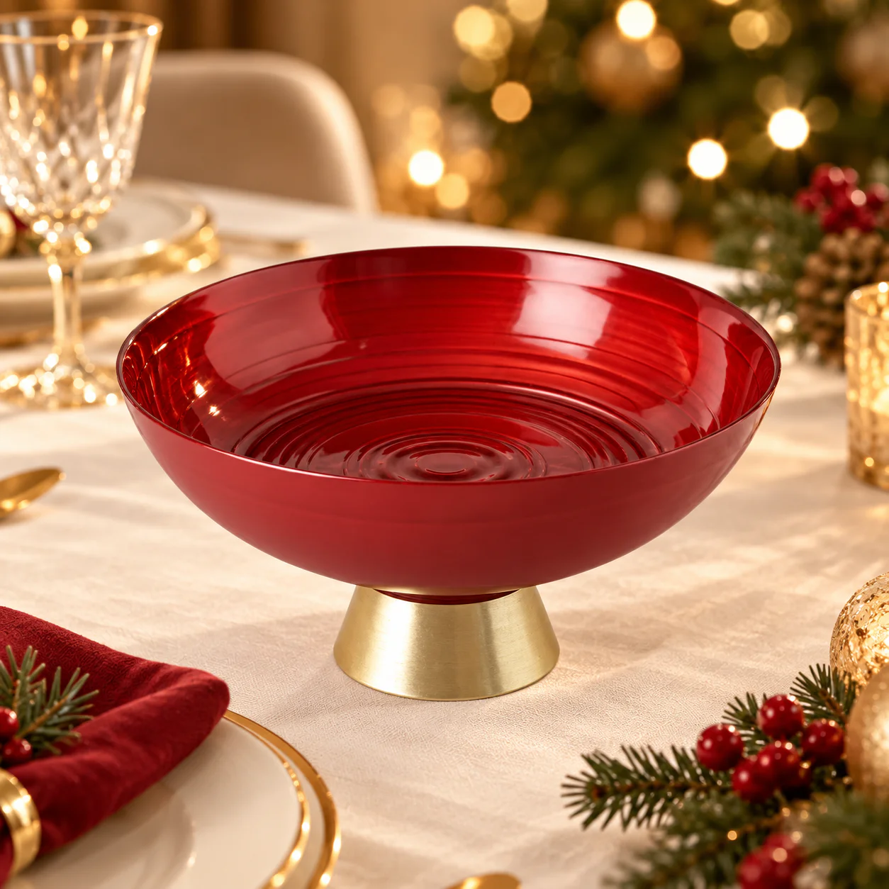 alzata vetro,alzata rossa,alzata Natale,centrotavola,porta dolci,decorazione tavola,vetro,accessori Natale