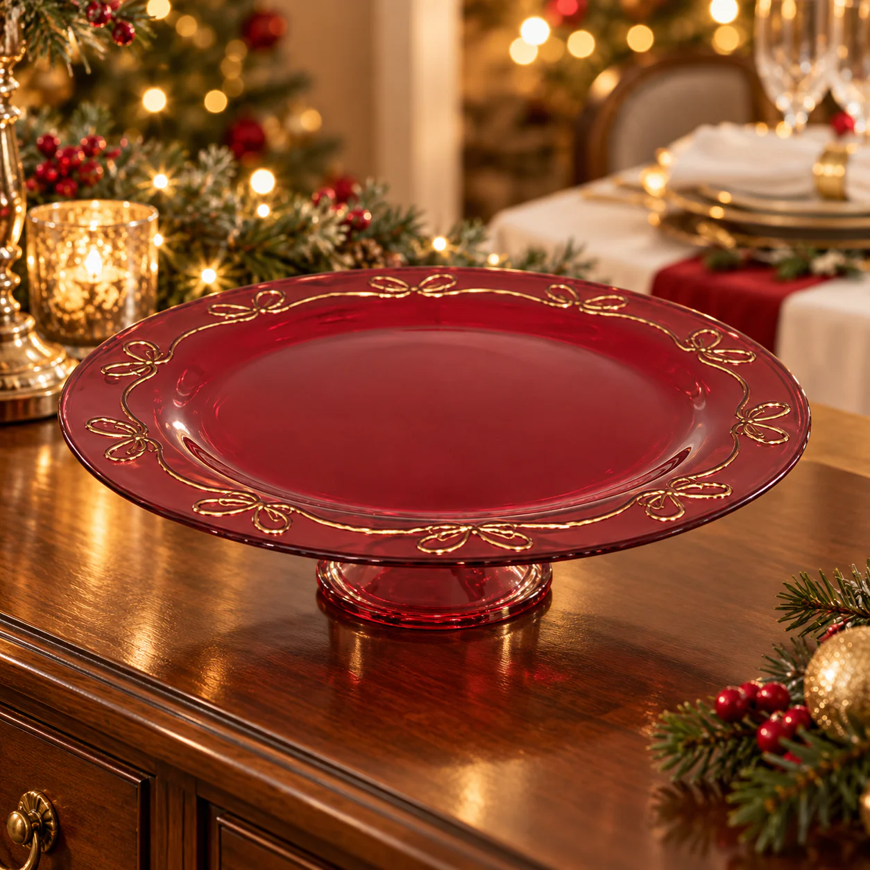 alzata vetro,fiocchi,rosso oro,alzata Natale,centrotavola,porta dolci,decorazione tavola