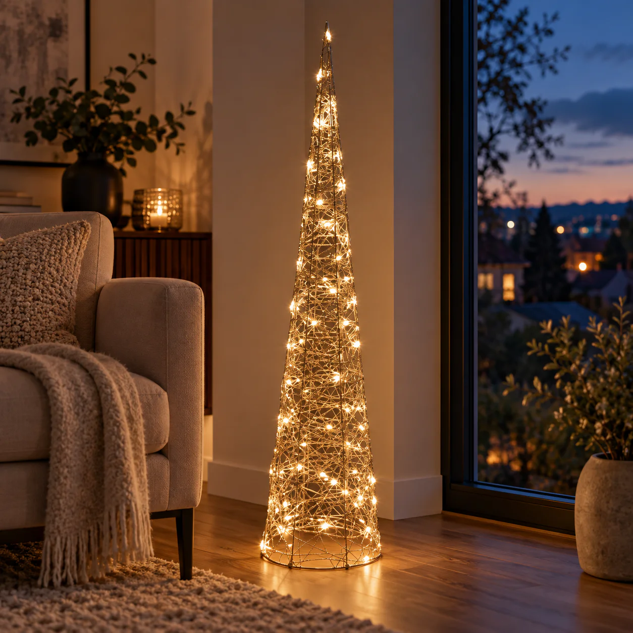albero cono,albero oro,200 luci,metallo,plastica,decorazione luminosa,albero Natale,addobbo natalizio,100 cm