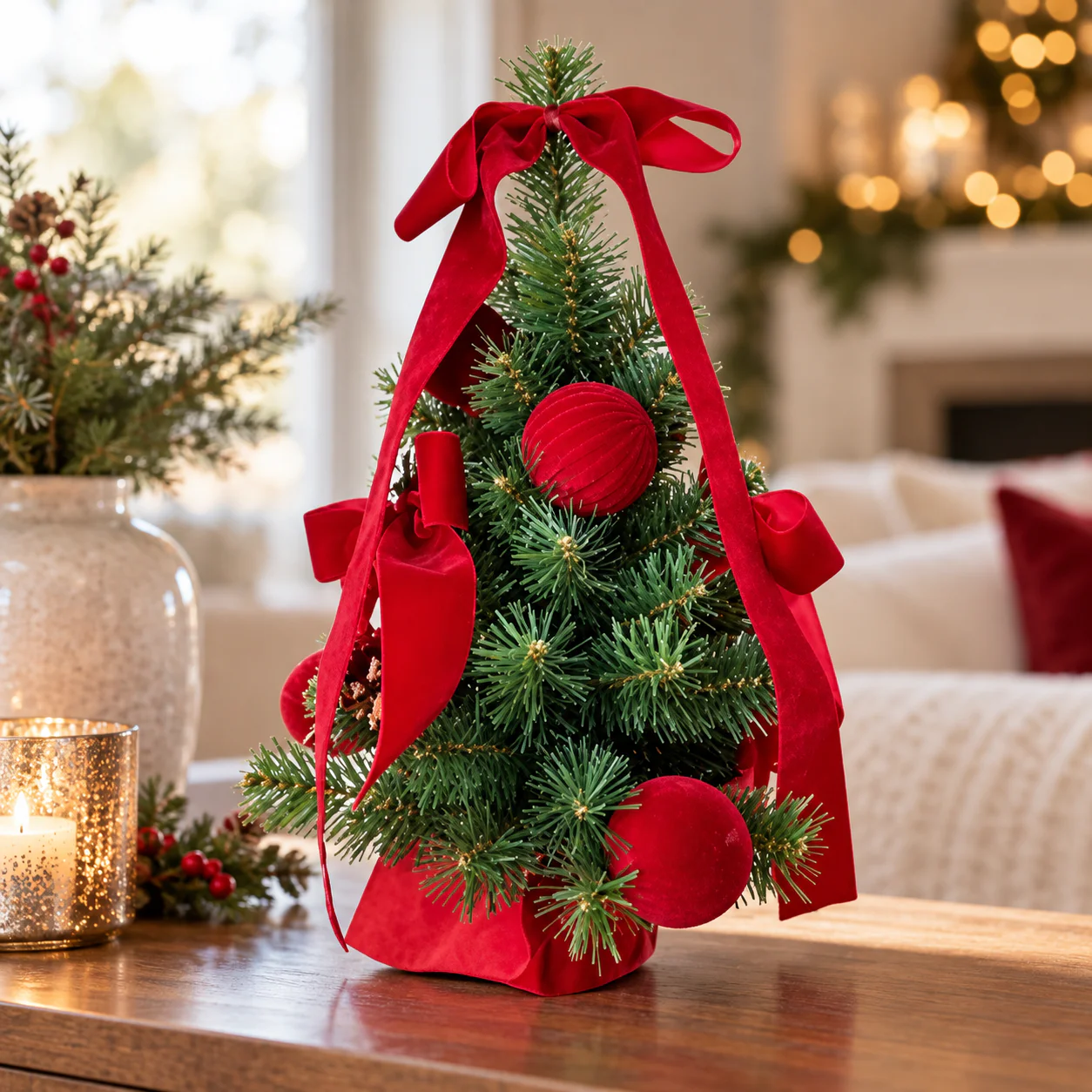 abete Natale,abete decorativo,palle rosse,fiocchi,velluto,45 cm,46 rami,decorazione natalizia