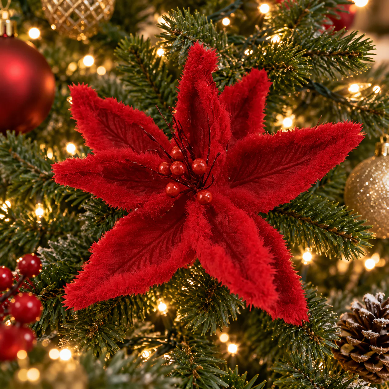 fiore Natale,rosso,bacche,tessuto,30 cm,decorazione floreale,addobbo natalizio,composizione Natale