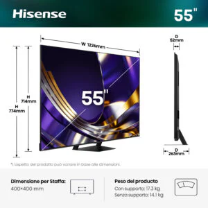 Hisense Smart TV MiniLED 165Hz 55" 4K 55U7S PRO, Schermo Anti-Riflesso, Dolby Atmos 2.1.2 By Devialet, VIDAA OS, Dolby Vision IQ, Native 165Hz Game Mode, 4 HDMI 2.1, Wifi, BT, AirPlay2, lativù 4K